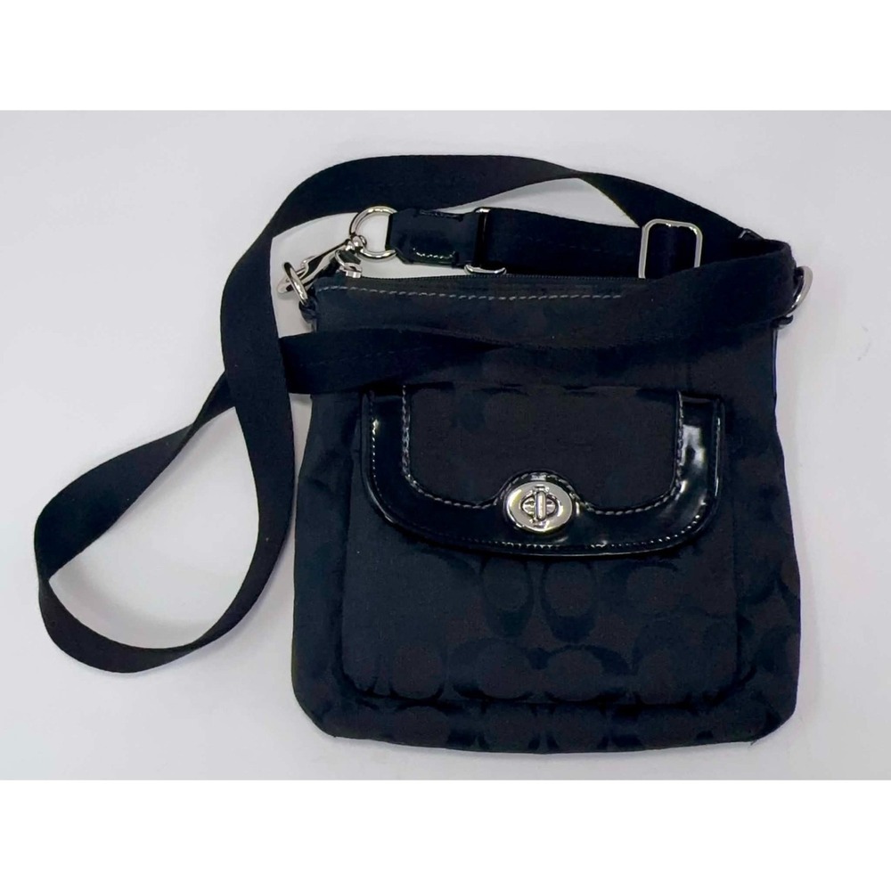 Coach Signature Black Jacquard Turnlock Swingpack Crossbody Bag Adjustable Y2K